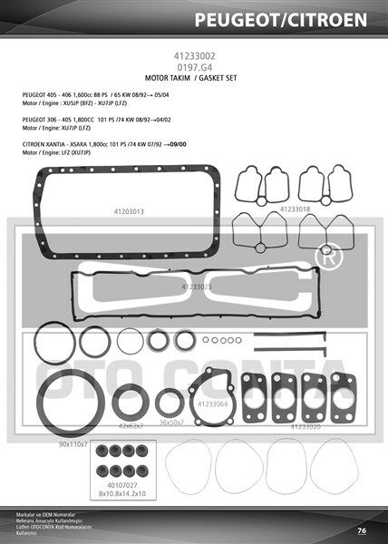 MOTOR TAKIM CONTA ALT/ÜST FULL KEÇELİ-SUBAP LASTİKLİ XSARA-P306-P406-XANTIA BFZ XU5JP -LFZ XU7JP