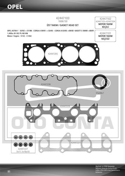 ÜST TAKIM CONTASI KEÇELİ ASTRA F-COMBO-CORSA A-CORSA B-KADETT E 1.4 8V 14SE - C14 SE